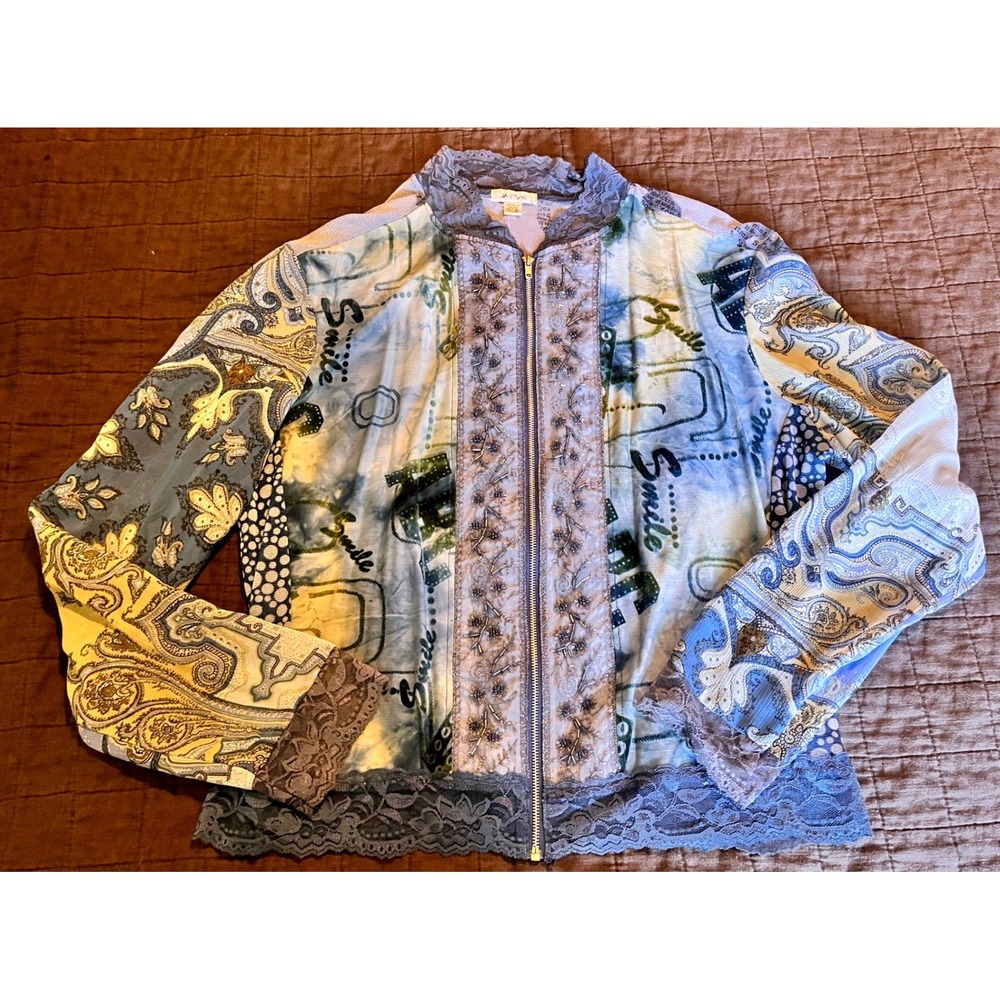 Jaipur Womens Blue‎ Yellow Paisley Mesh Lace Trim Beaded Zip Up Jacket Large